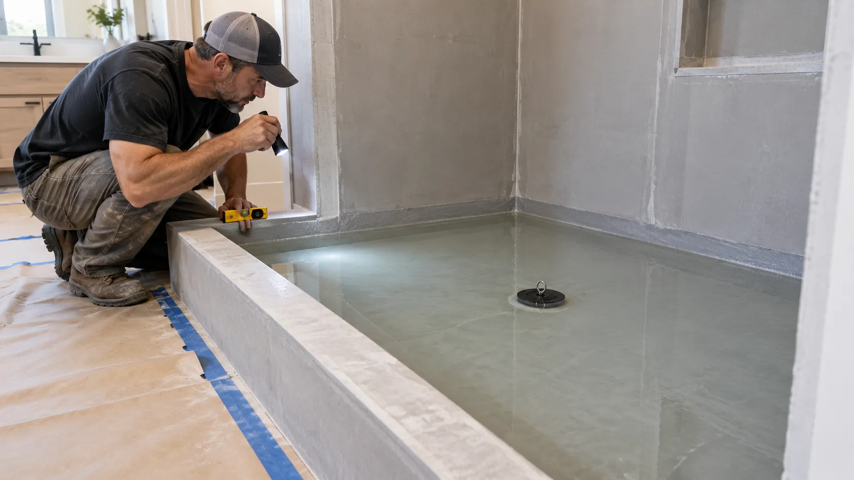 Contractor inspecting shallow test water and a plugged drain during a shower pan flood test before tile installation