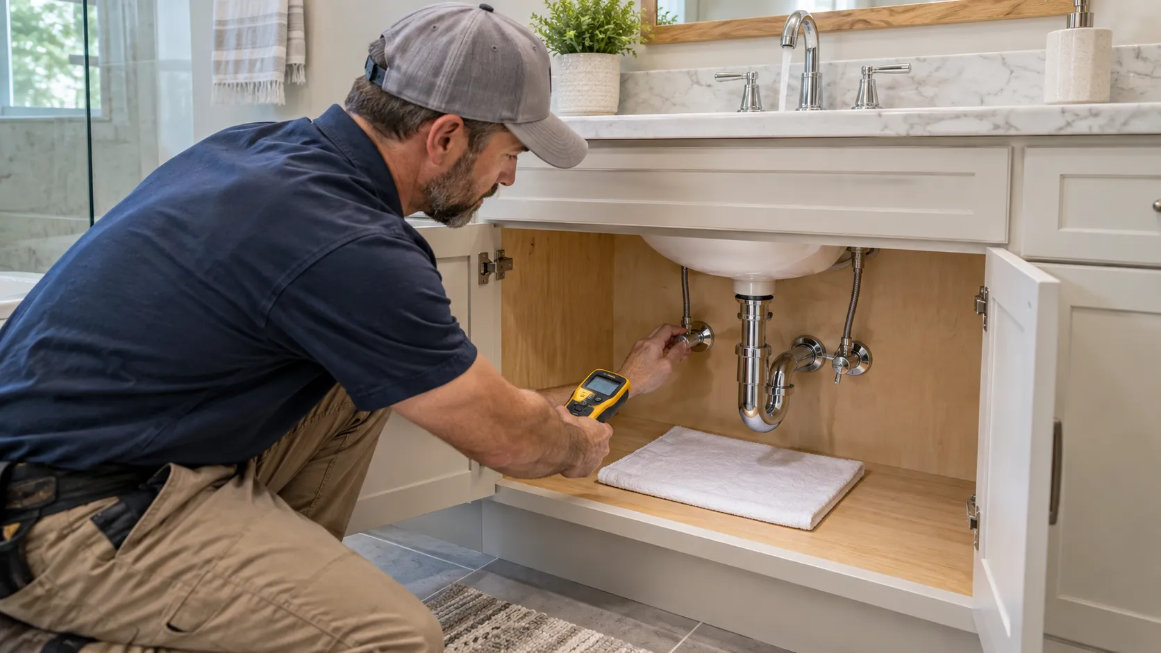 Contractor checking repaired plumbing over a dry test towel inside a restored vanity with a moisture-resistant plywood base.
