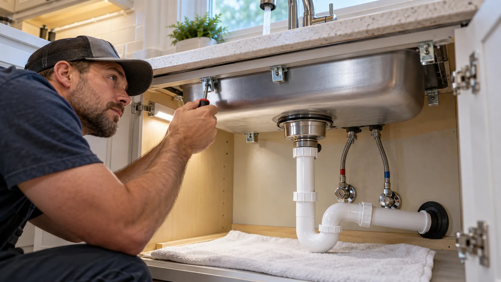 Professional tightening mounting clips below a drop-in sink while running water and using a dry towel to check the plumbing for leaks