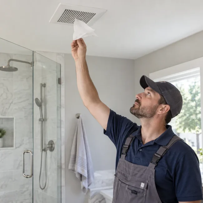 Remodeling professional holding a tissue near a newly installed ceiling exhaust fan to test airflow.