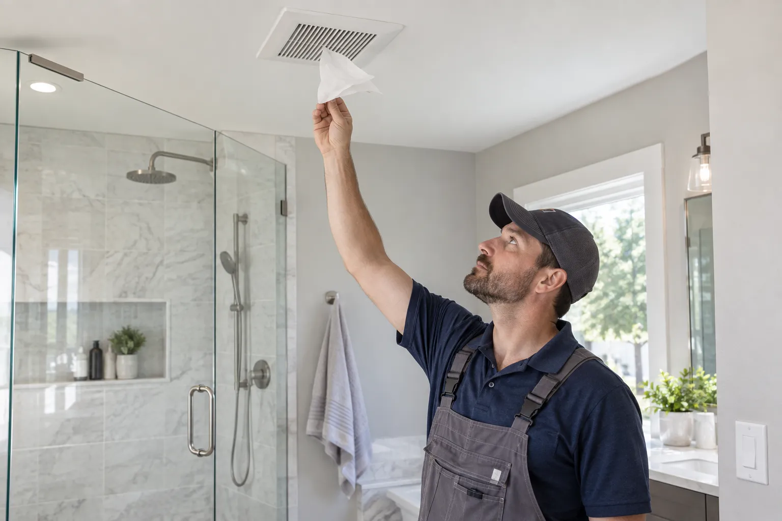 Remodeling professional holding a tissue near a newly installed ceiling exhaust fan to test airflow.