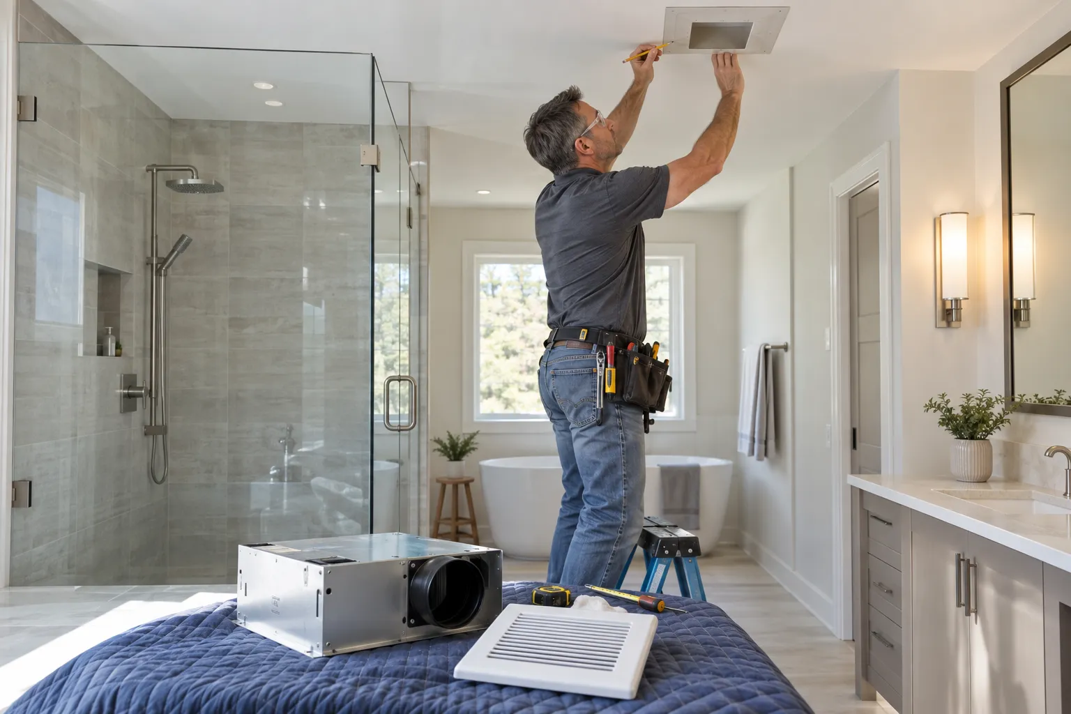 Contractor securing a metal bathroom exhaust fan housing to wooden ceiling framing with adjustable brackets.