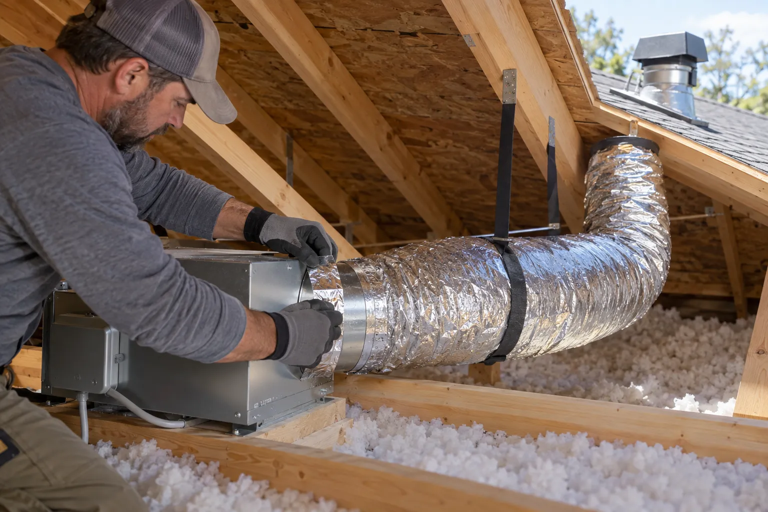 Ventilation contractor sealing and supporting an insulated exhaust duct leading from the bathroom fan to an exterior roof cap.
