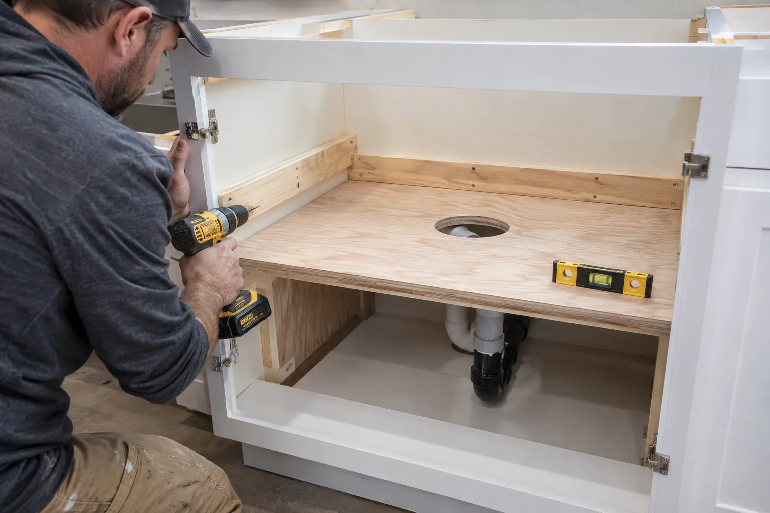 Two contractors carefully lowering a white fireclay farmhouse sink onto a reinforced cabinet support.