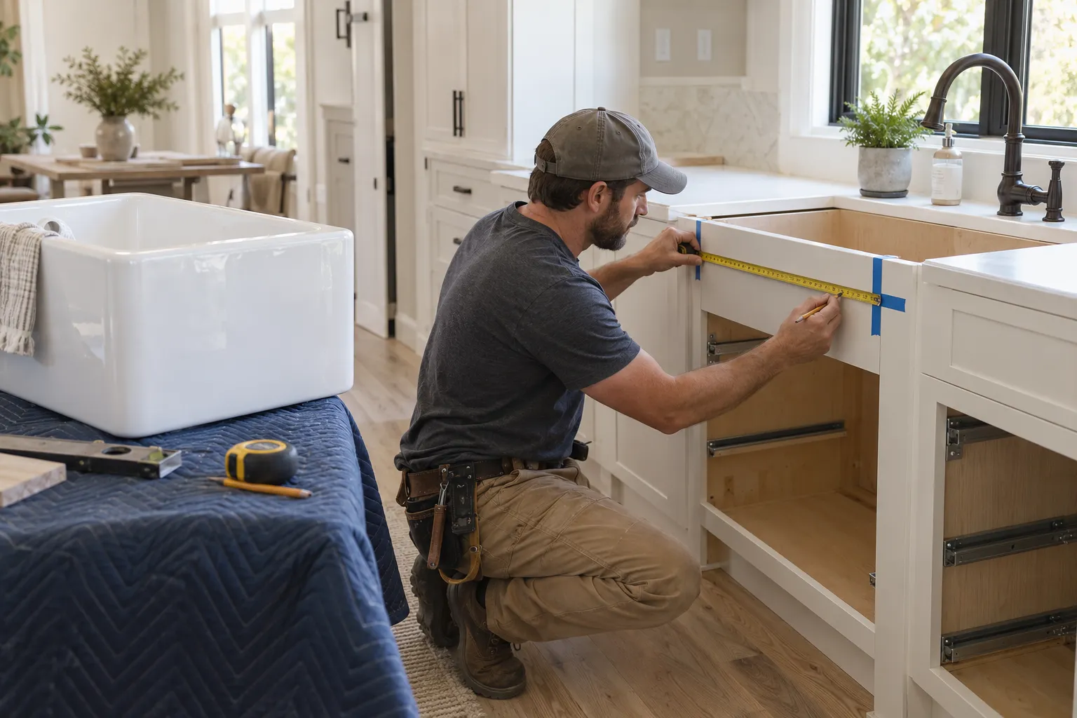 Contractor measuring and marking a kitchen base cabinet before installing a white farmhouse sink.