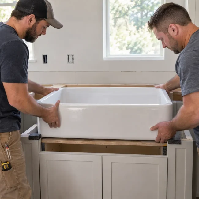 Carpenter securing wooden ledgers and a plywood support platform inside a farmhouse sink cabinet.