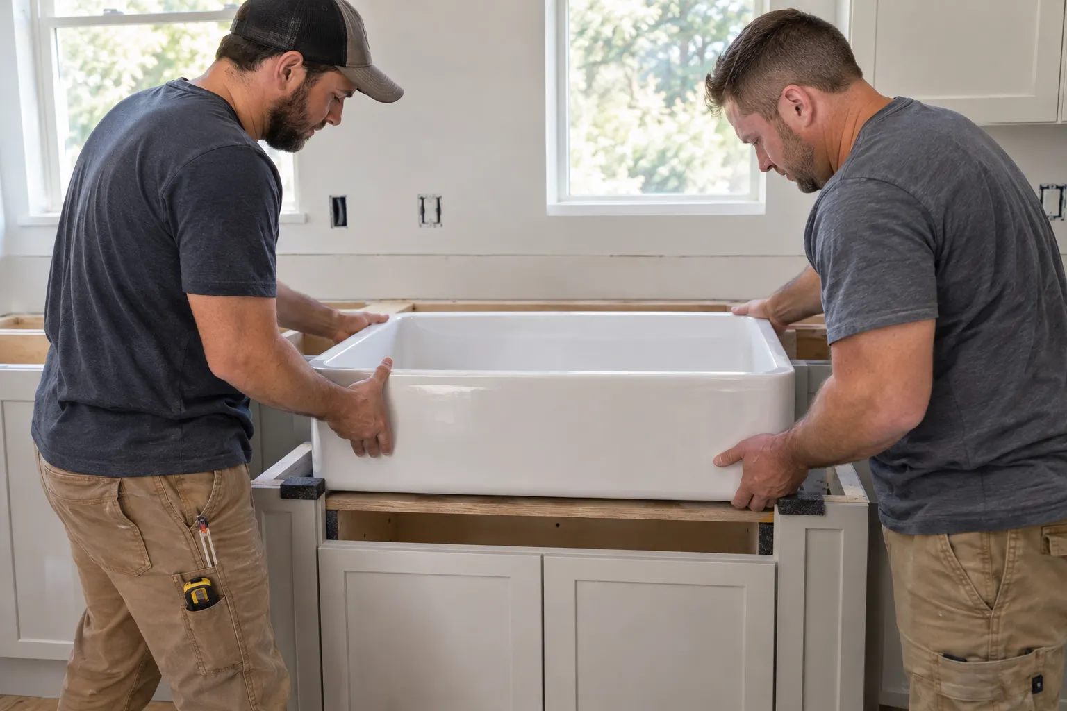 Carpenter securing wooden ledgers and a plywood support platform inside a farmhouse sink cabinet.