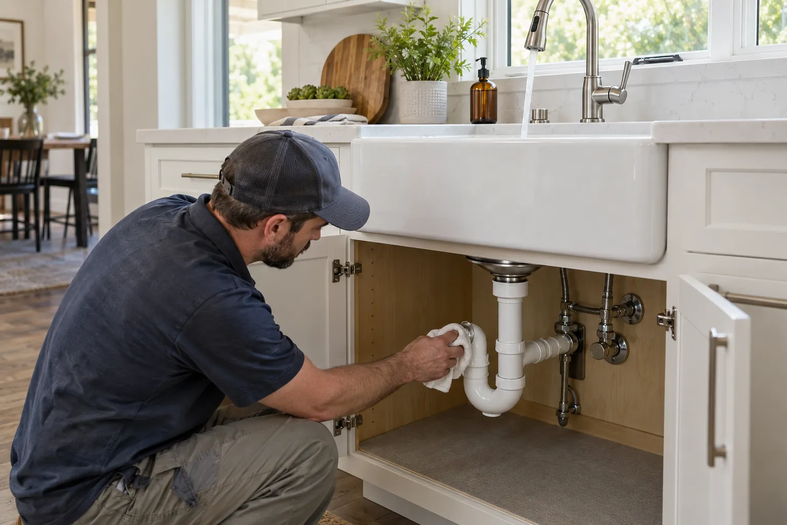 Plumber checking the drain and P-trap beneath a newly installed farmhouse sink while the water runs.