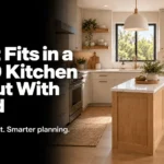 Compact L-shaped kitchen with cream cabinetry, a slim oak island, and a white countertop.