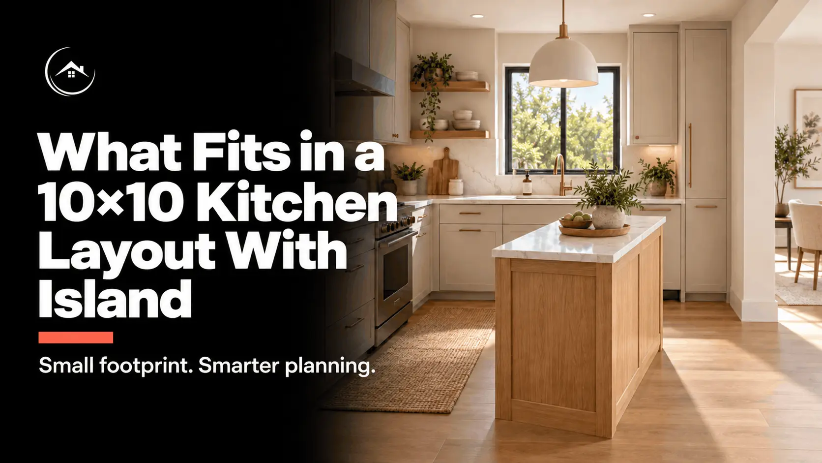 Compact L-shaped kitchen with cream cabinetry, a slim oak island, and a white countertop.