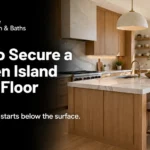 Modern kitchen with an oak island and white quartz countertop beside the kitchen island anchoring guide title.
