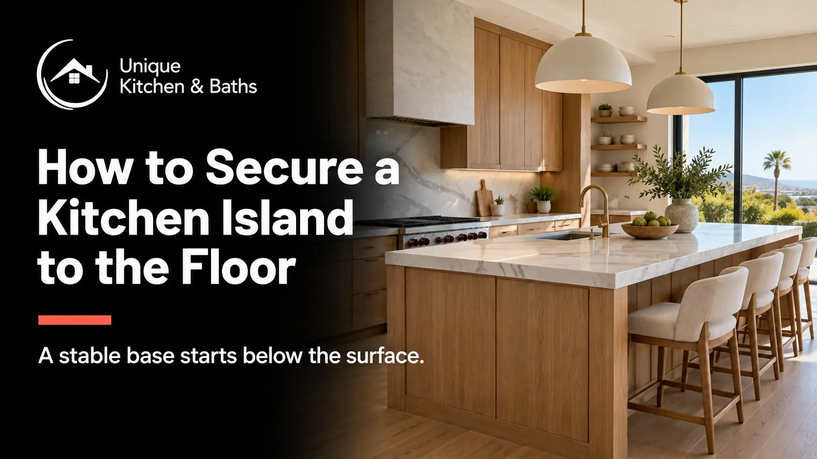 Modern kitchen with an oak island and white quartz countertop beside the kitchen island anchoring guide title.