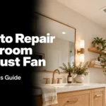Modern bathroom with an oak vanity, brass fixtures, and ceiling exhaust fan beside the repair guide title.