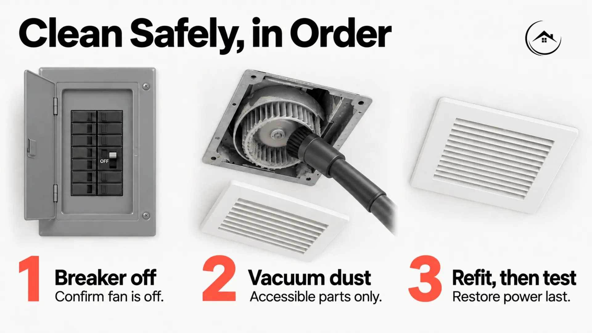 Three-step illustration showing breaker shutoff, accessible dust removal with a vacuum brush, and grille reassembly before restoring power.