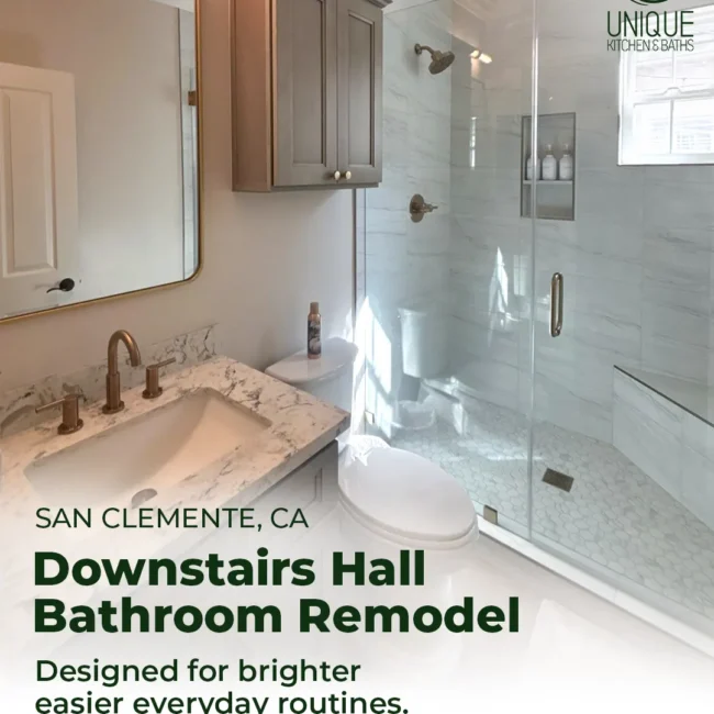 Downstairs hall bathroom remodel in San Clemente, CA by Unique Kitchen & Baths